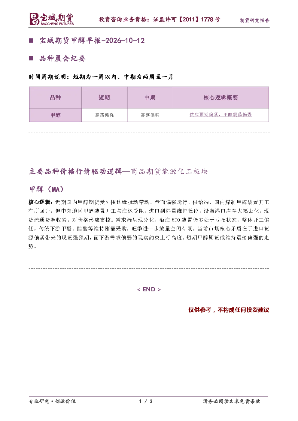 甲醇早报