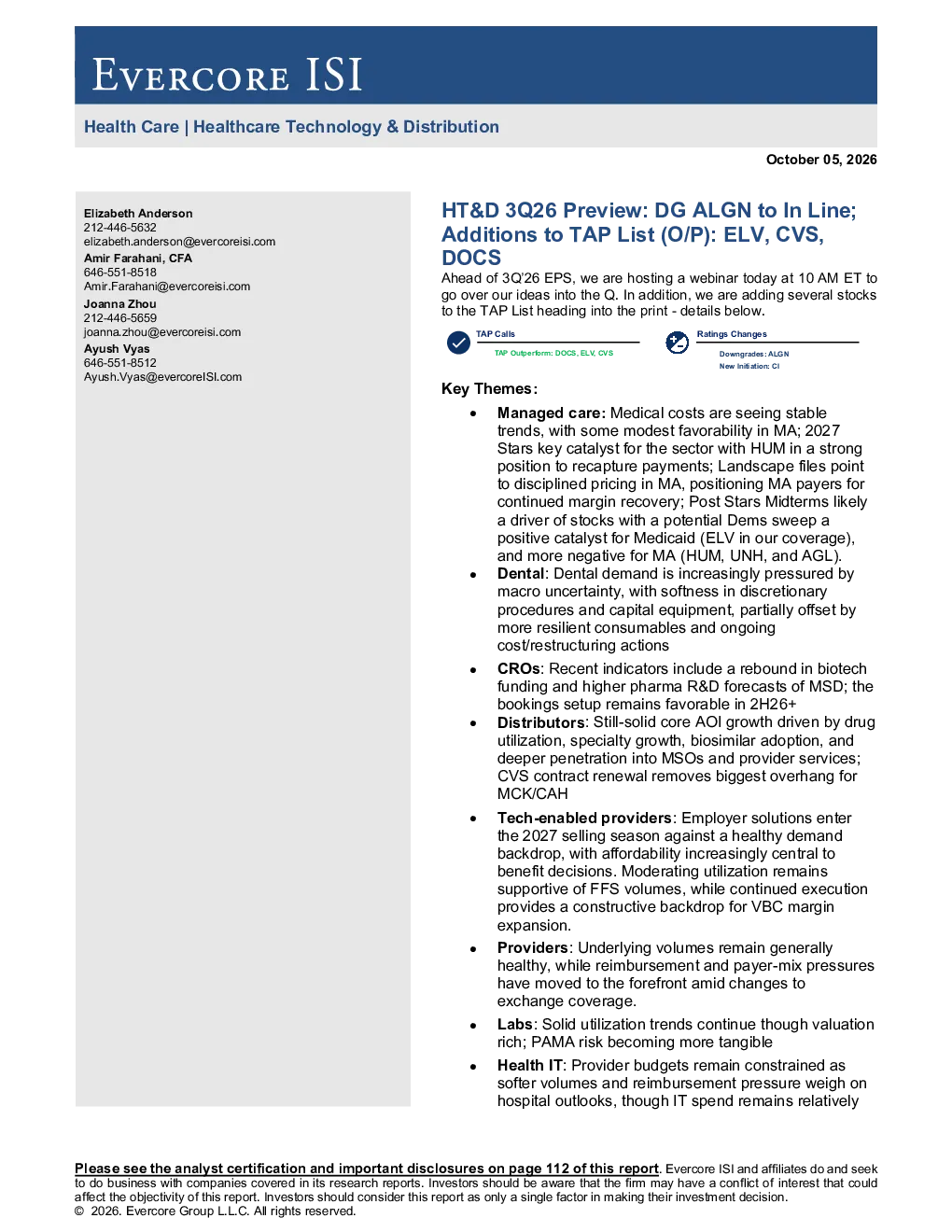 HT&D 2026年第三季度预览：DG ALGN符合预期；新增TAP列表（O/P）股票：ELV、CVS、DOCS