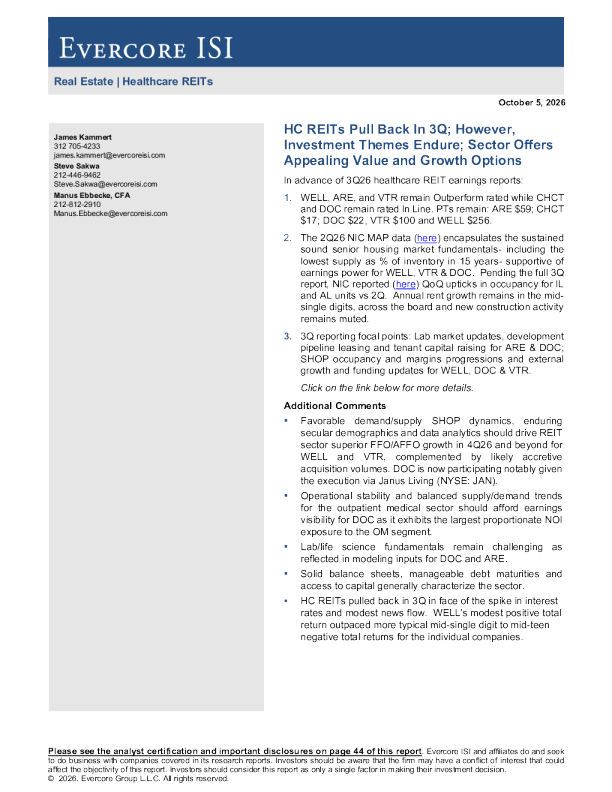 医疗保健房地产投资信托基金第三季度回调，但投资主题持续，板块具吸引力的价值与增长选择