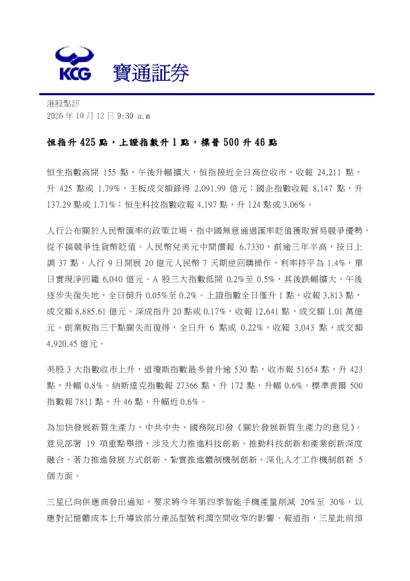 2026年10月12日港股点评