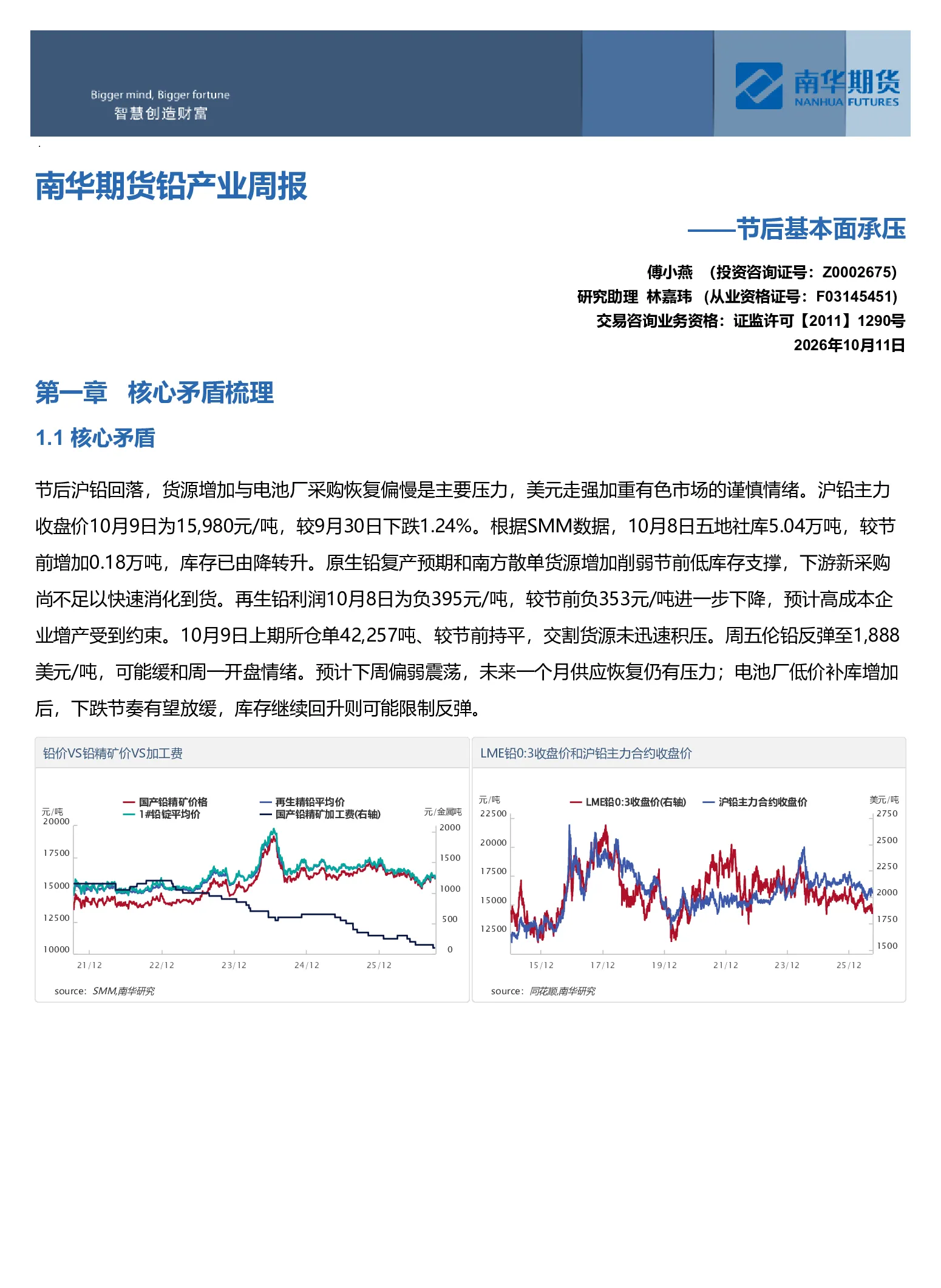 南华期货铅产业周报：节后基本面承压20261012