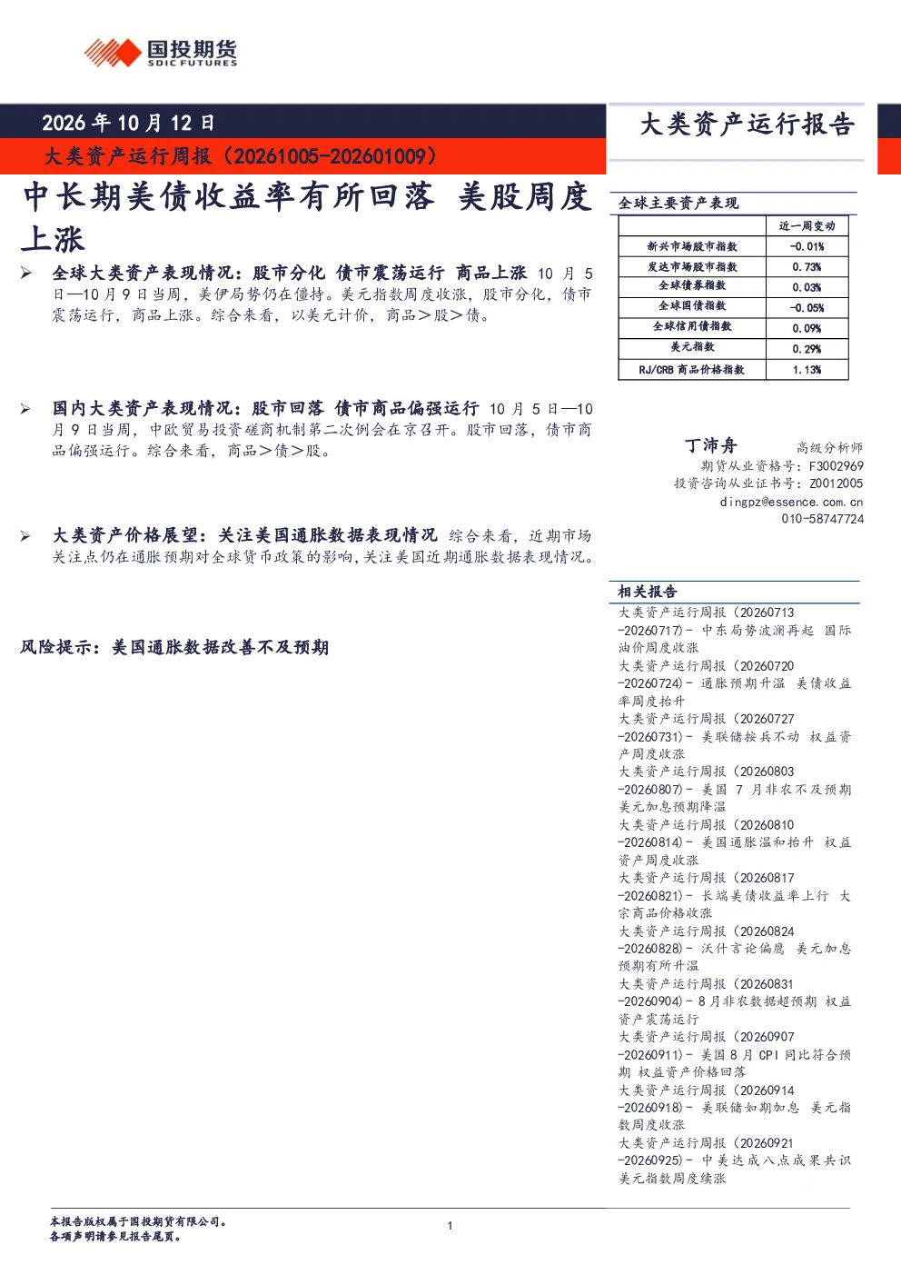 大类资产运行周报：中长期美债收益率有所回落 美股周度上涨