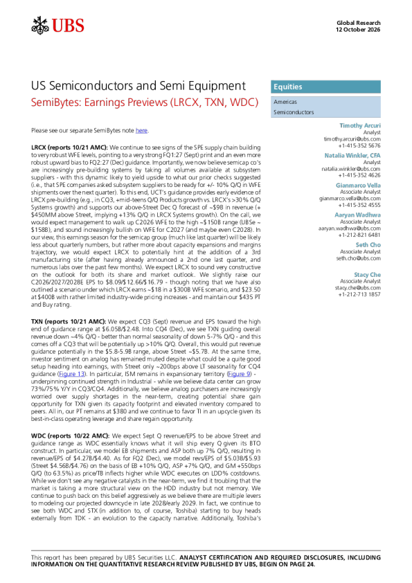 美国半导体及设备SemiBytes：业绩预览（LRCX、TXN、WDC）