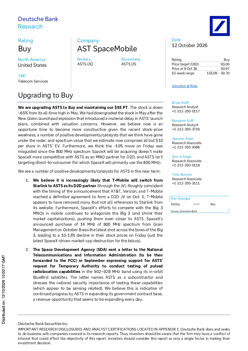 
AST SpaceMobile 升级为买入评级报告