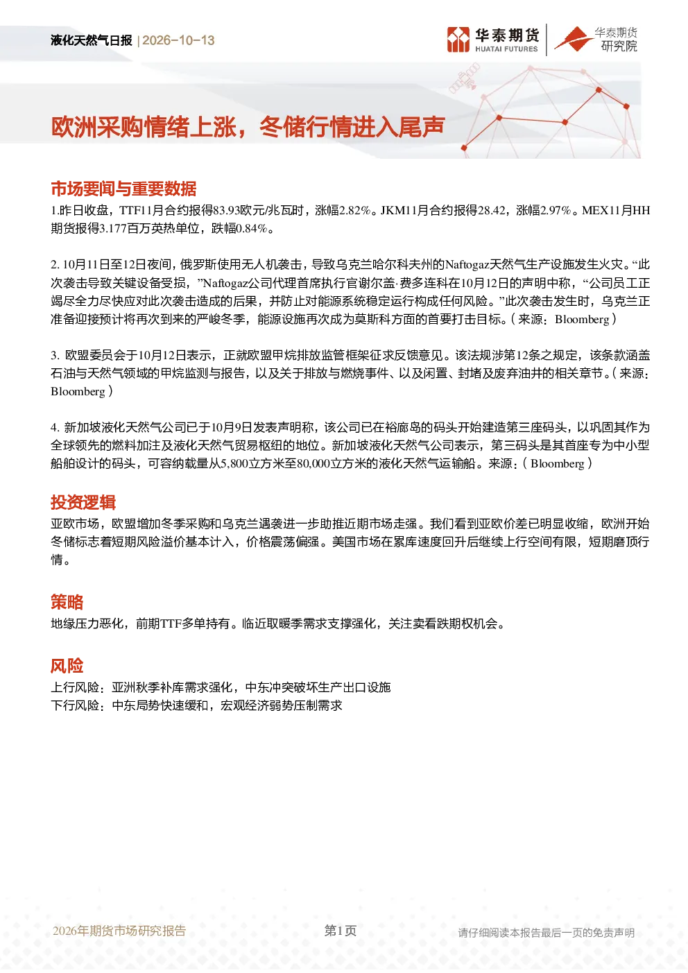 液化天然气日报：欧洲采购情绪上涨，冬储行情进入尾声