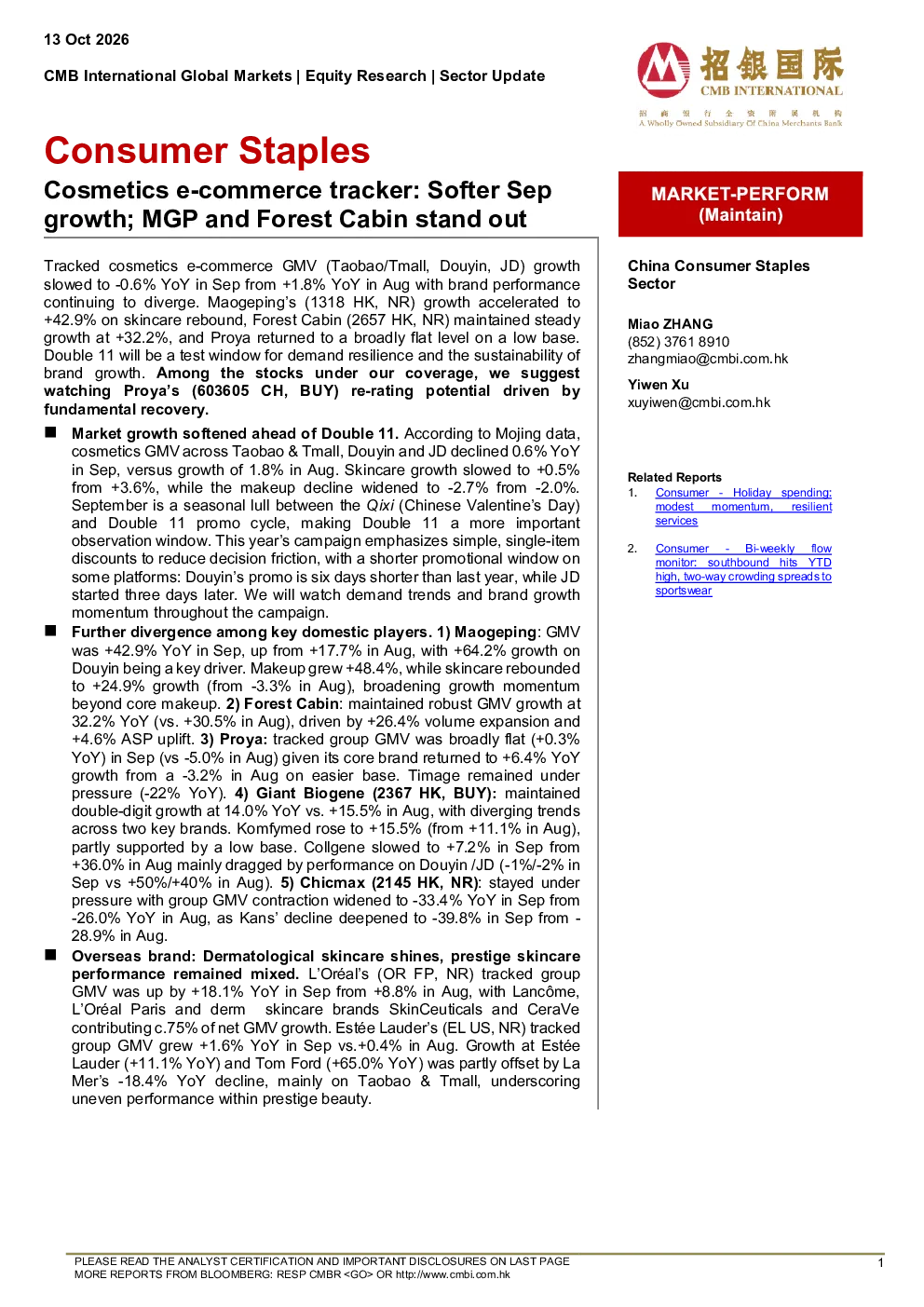 Cosmetics e-commerce tracker: Softer Sep growth; MGP and Forest Cabin stand out