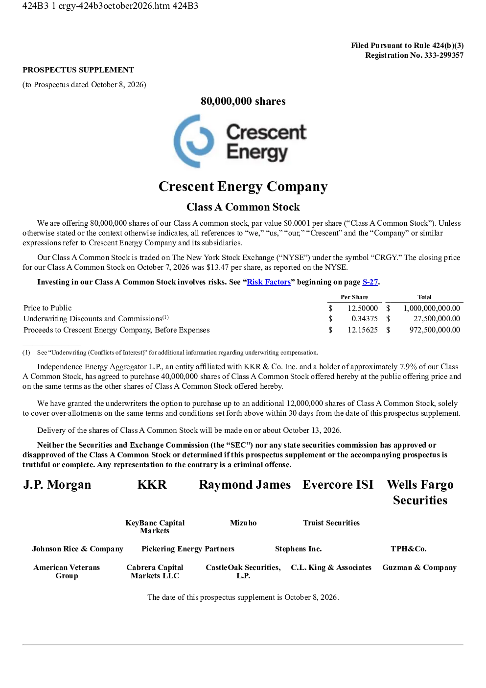Crescent Energy美股招股说明书(2026-10-13版)