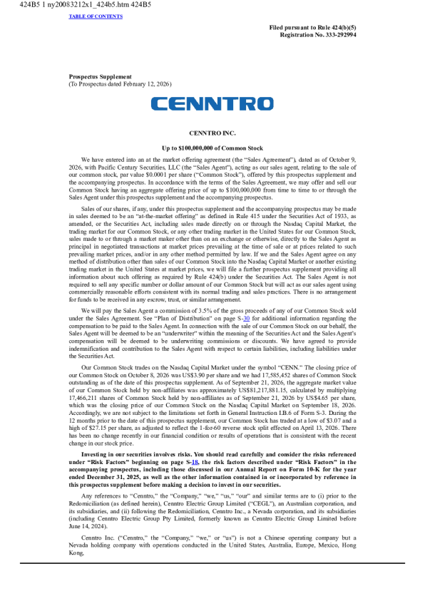 Cenntro Inc美股招股说明书(2026-10-13版)
