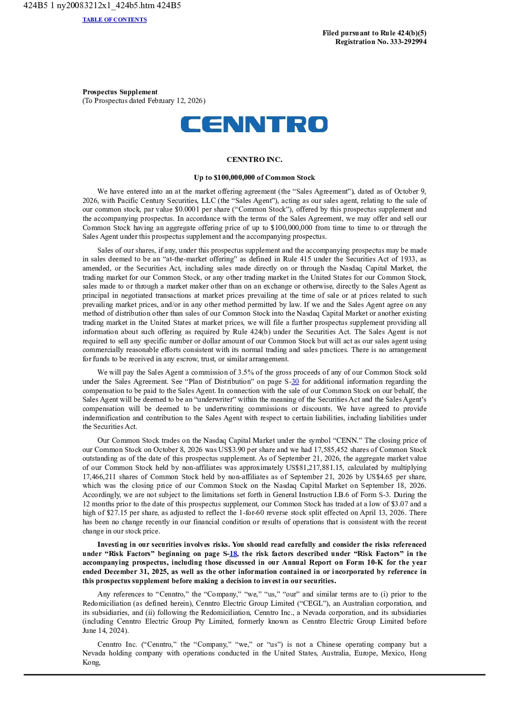 Cenntro Inc美股招股说明书(2026-10-13版)