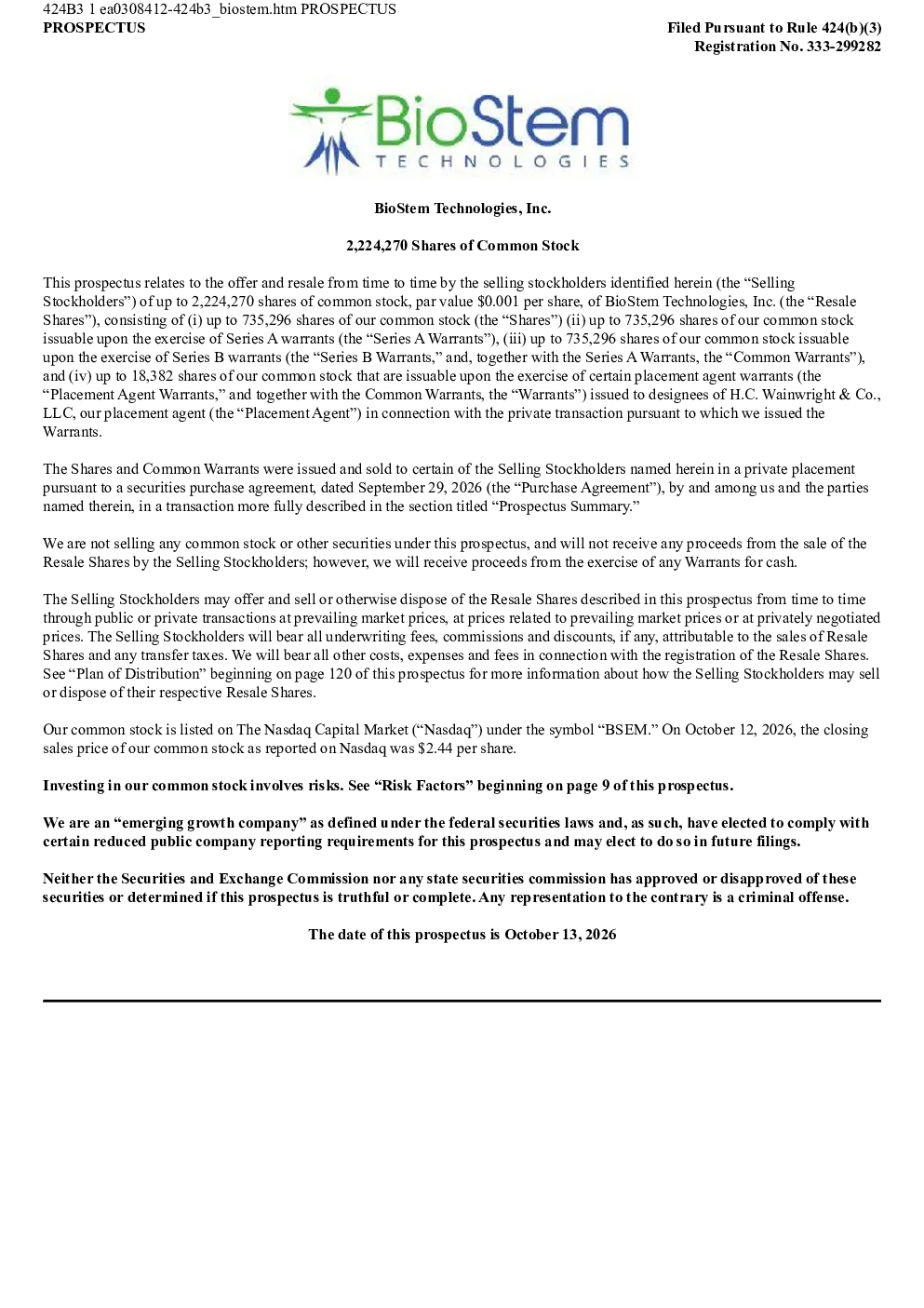BioStem Technologies Inc美股招股说明书(2026-10-13版)