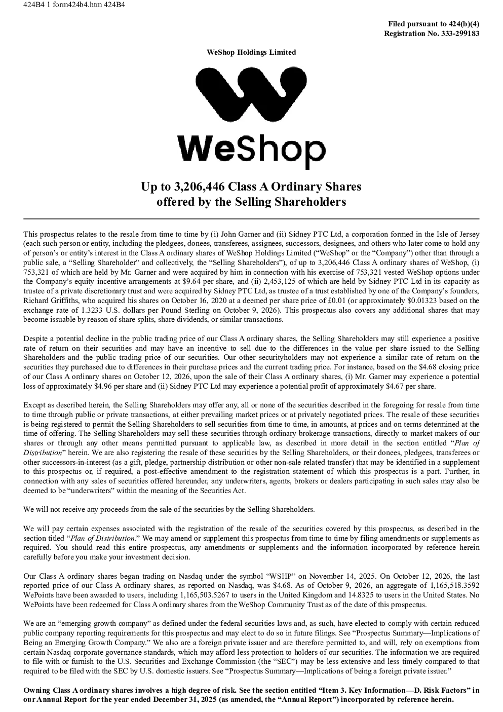 WeShop Holdings Ltd-A美股招股说明书(2026-10-13版)