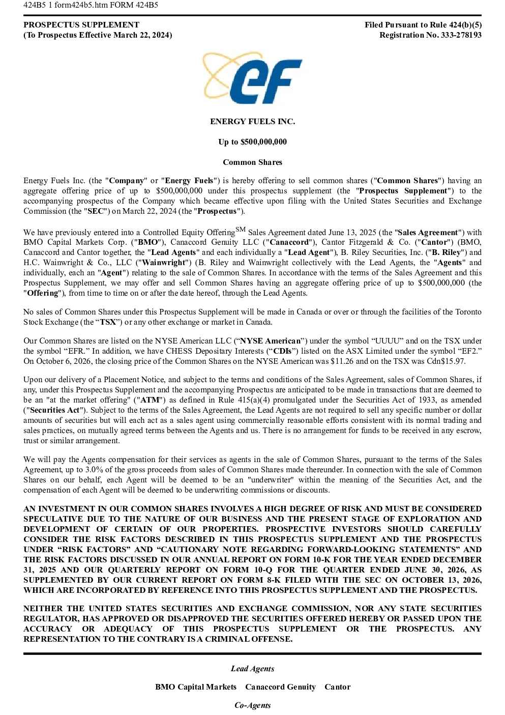 Energy Fuels Inc美股招股说明书(2026-10-13版)