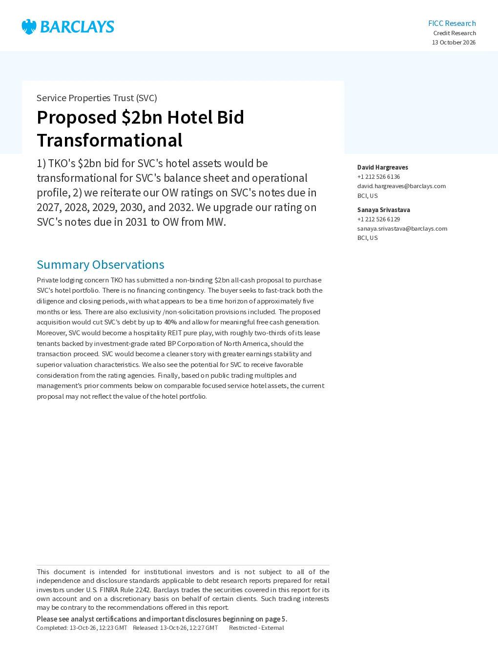 服务属性信托（SVC）：TKO 20亿美元酒店投标为转型提案