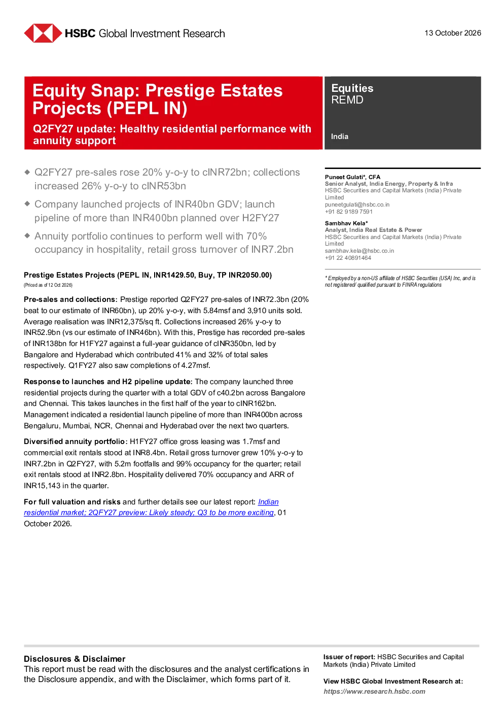 汇丰证券：Prestige Estates Projects（PEPL IN）2027财年第二季度更新报告