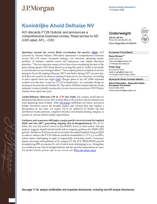 Koninklijke Ahold Delhaize NV：ACI放弃FY26 Outlook并宣布全面商业审查，向AD（UW评级，AFL，-CW）读取