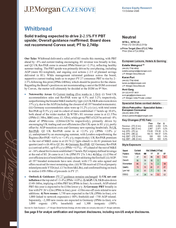 Whitbread：扎实交易预计带动财年PBT上升2-2.5%；整体指引维持不变；董事会不推荐Corvex席位；目标价上调至2740便士