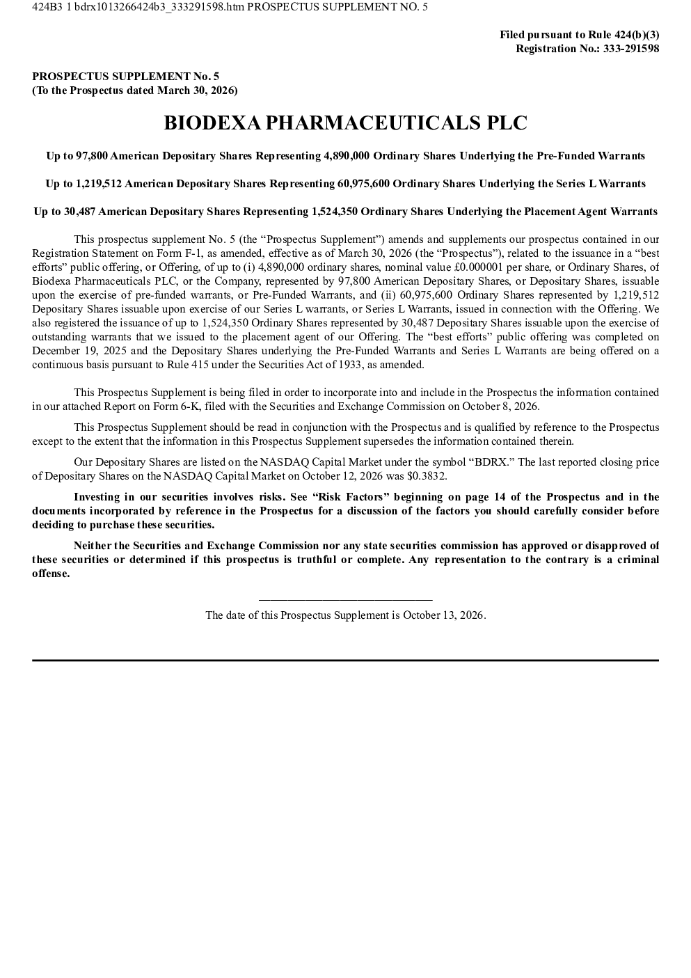 
Biodexa Pharmaceuticals PLC 美股存托凭证招股说明书（2026-10-14版）