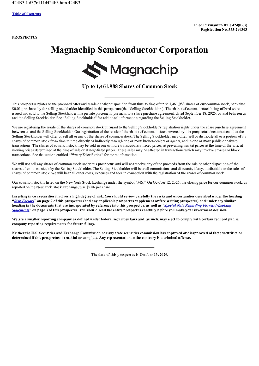 
MagnaChip Semiconductor Corp美股招股说明书(2026-10-14版)