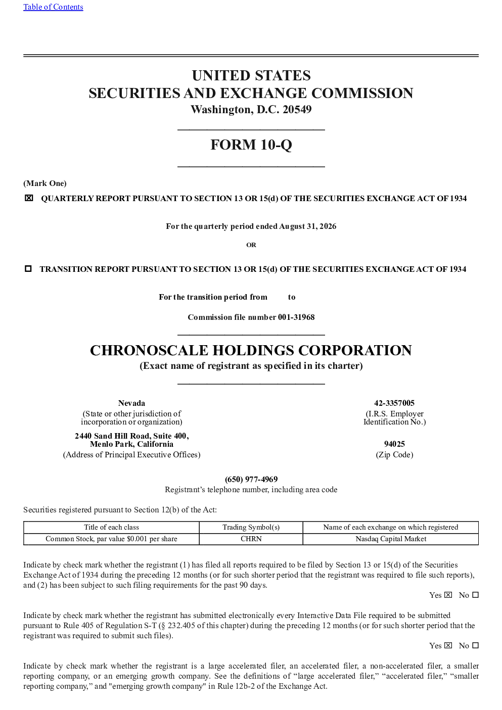 ChronoScale Holdings Corp 2026年季度报告