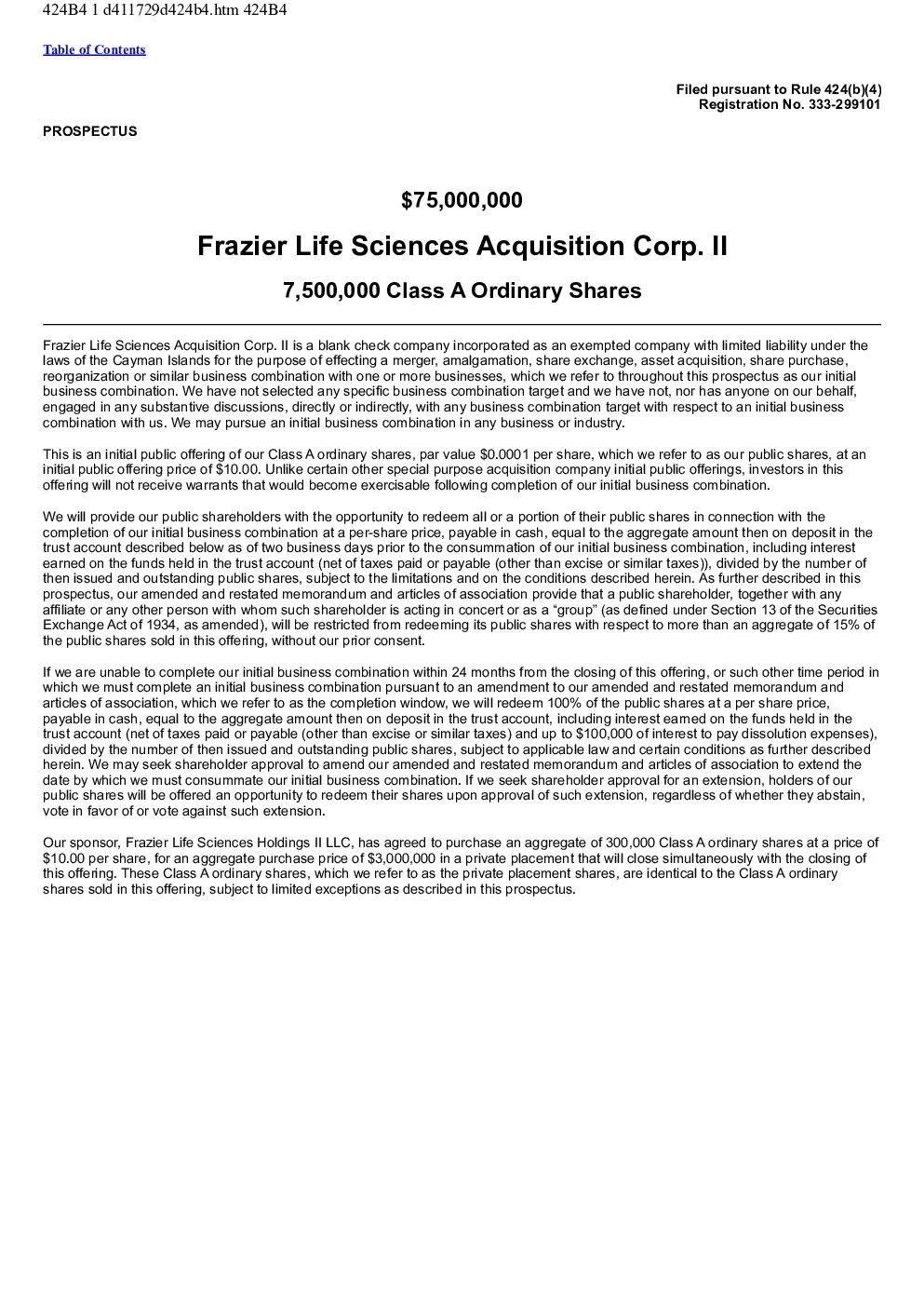 Frazier Life Sciences Acquisition Corp II-A美股招股说明书(2026-10-14版)