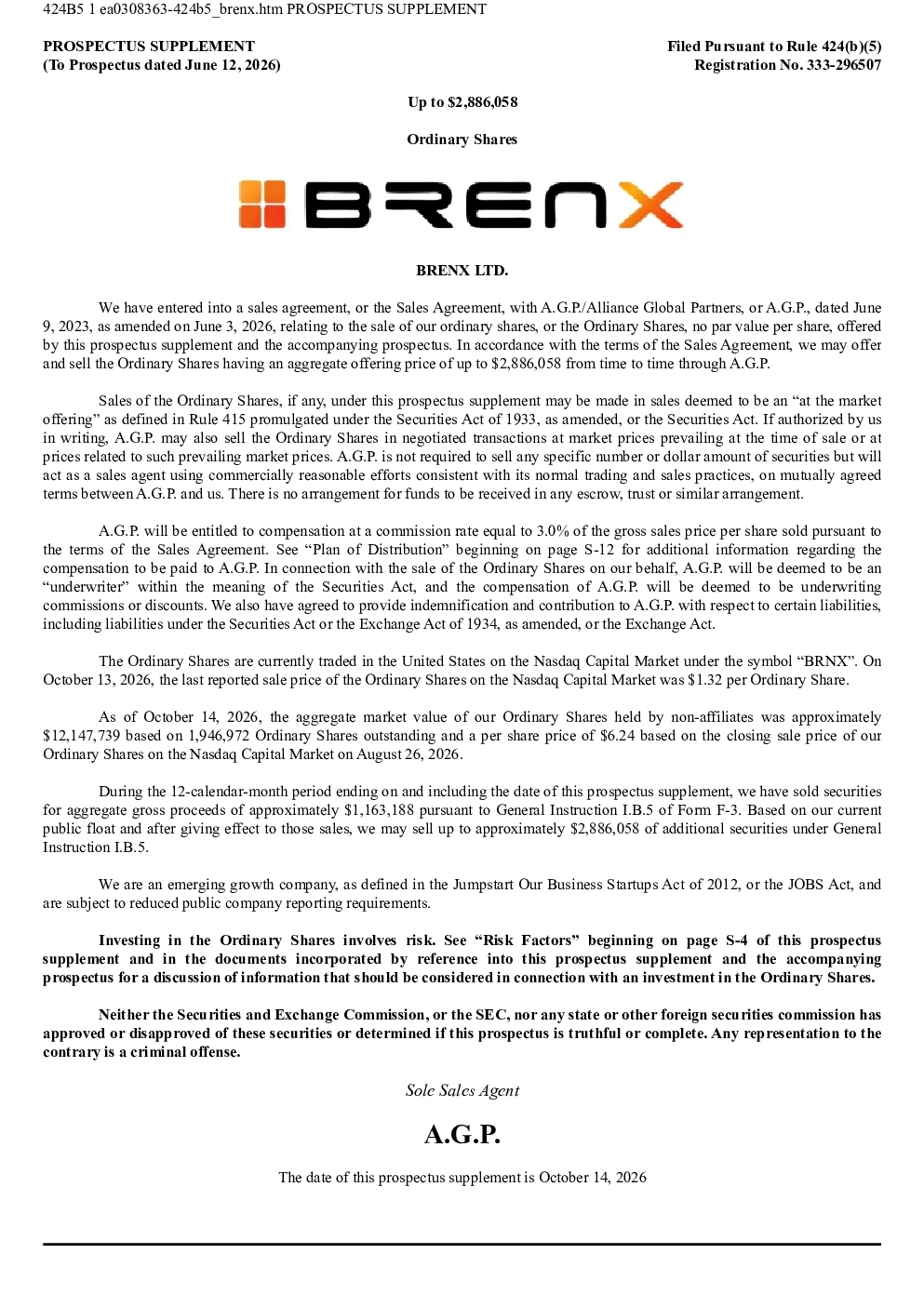 BrenX Ltd美股招股说明书(2026-10-14版)