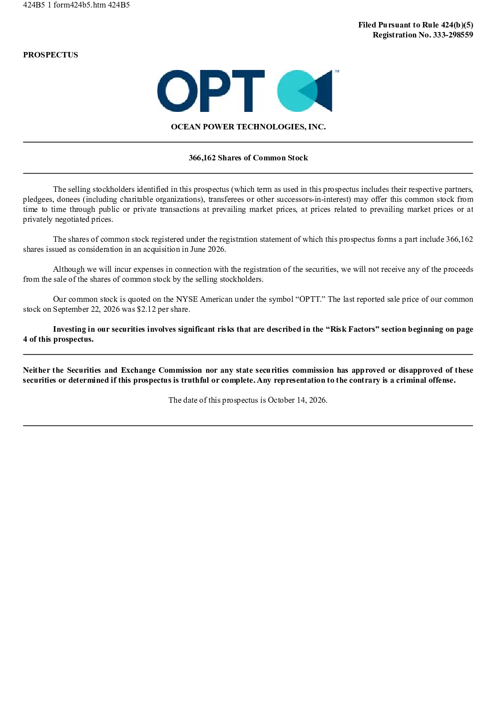 Ocean Power Technologies Inc美股招股说明书(2026-10-14版)