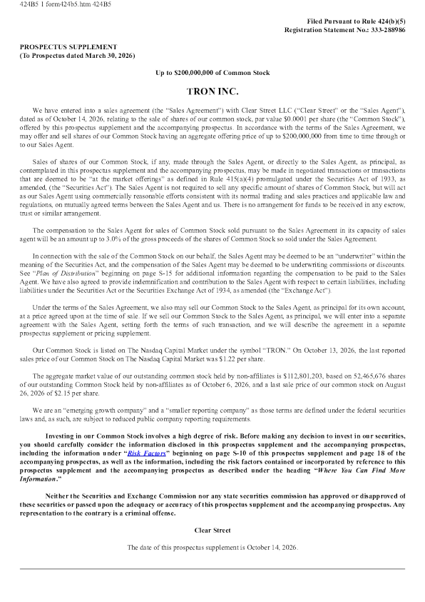 Tron Inc美股招股说明书(2026-10-14版)