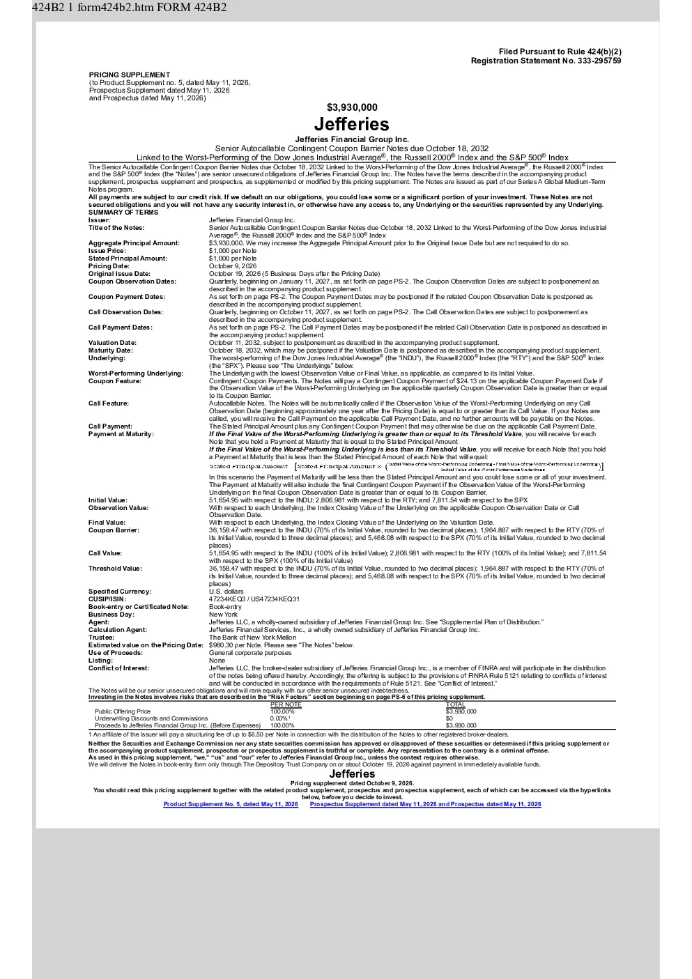 Jefferies Financial Group Inc美股招股说明书(2026-10-14版)
