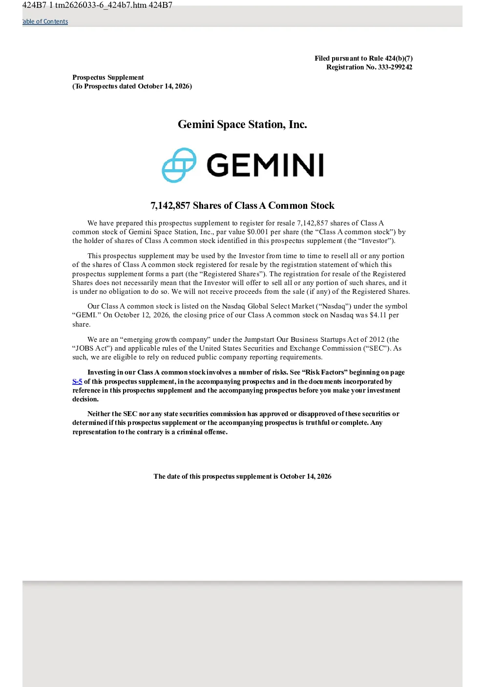 Gemini Space Station Inc-A美股招股说明书(2026-10-14版)