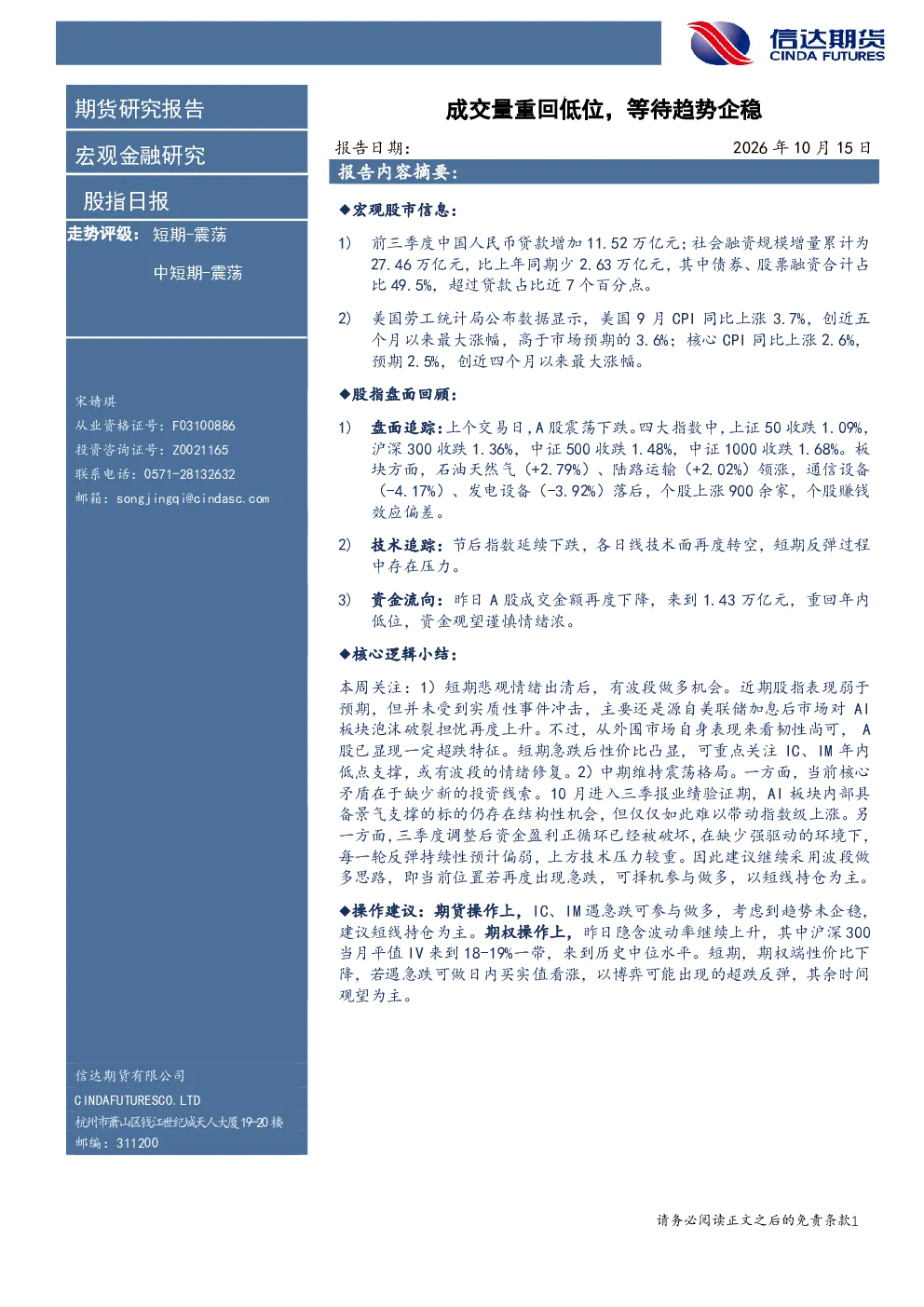 股指日报：成交量重回低位，等待趋势企稳