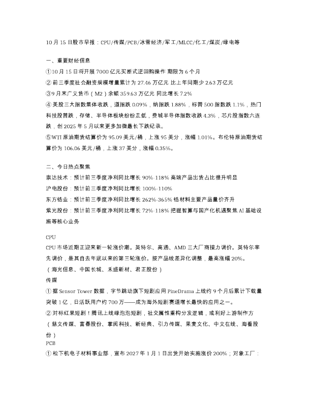 10月15日股市早报CPU传媒PCB冰雪经济军工MLCC化工煤炭