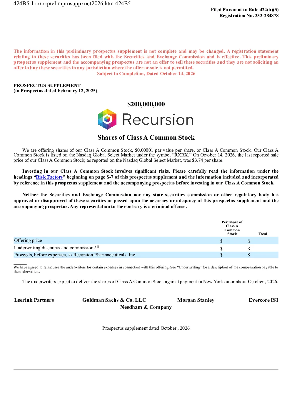 Recursion Pharmaceuticals Inc-A美股招股说明书(2026-10-15版)