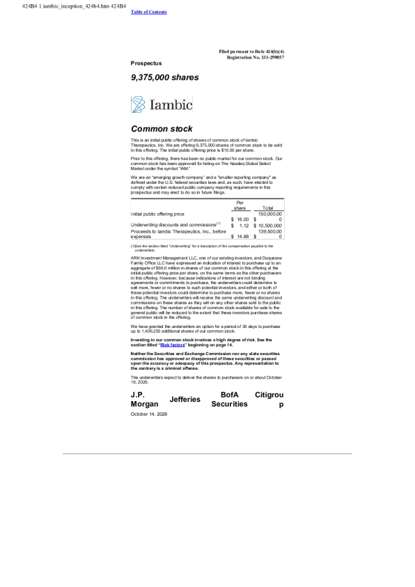 Iambic Therapeutics Inc美股招股说明书(2026-10-15版)