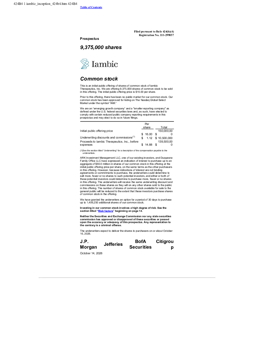 Iambic Therapeutics Inc美股招股说明书(2026-10-15版)