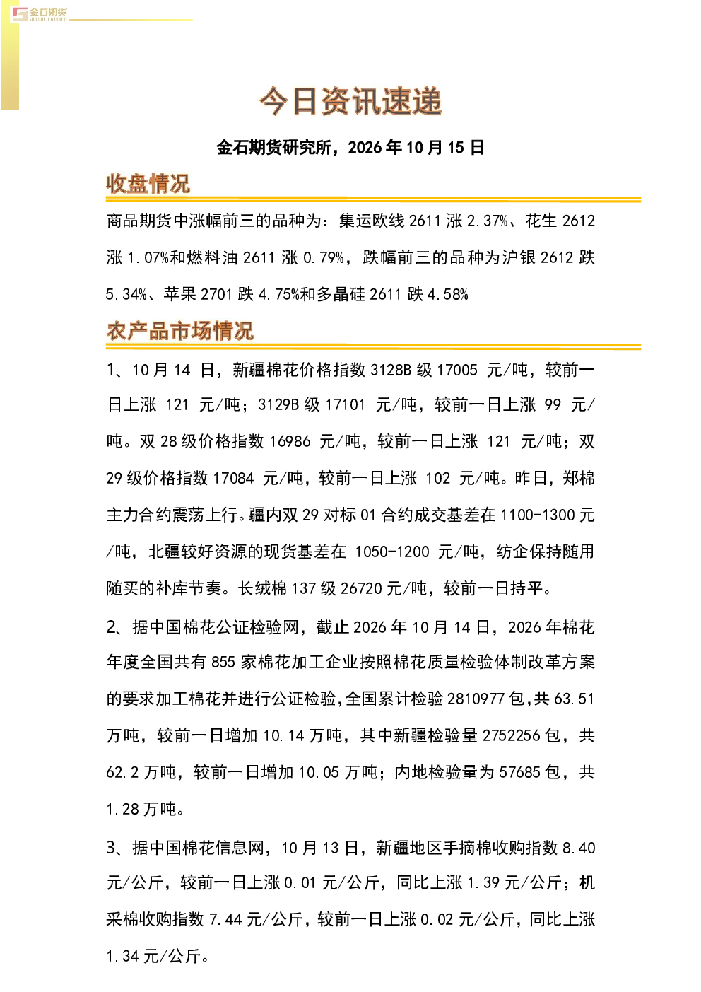 金石期货2026年10月15日商品及相关品种资讯