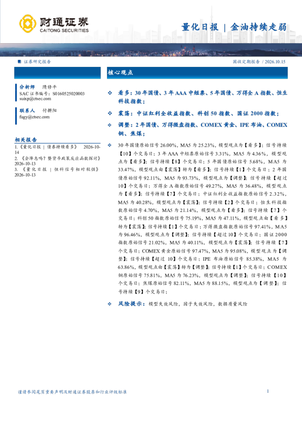 量化日报：金油持续走弱