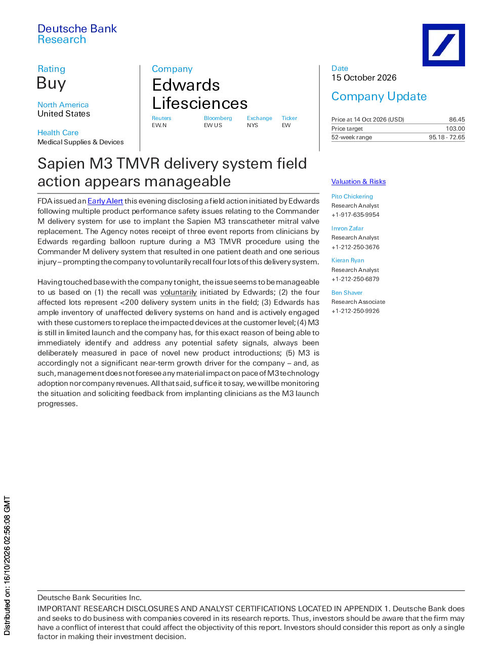 爱德华兹生命科学公司Sapien M3™经导管瓣膜置换术(TMVR)输送系统现场操作似乎可管理。