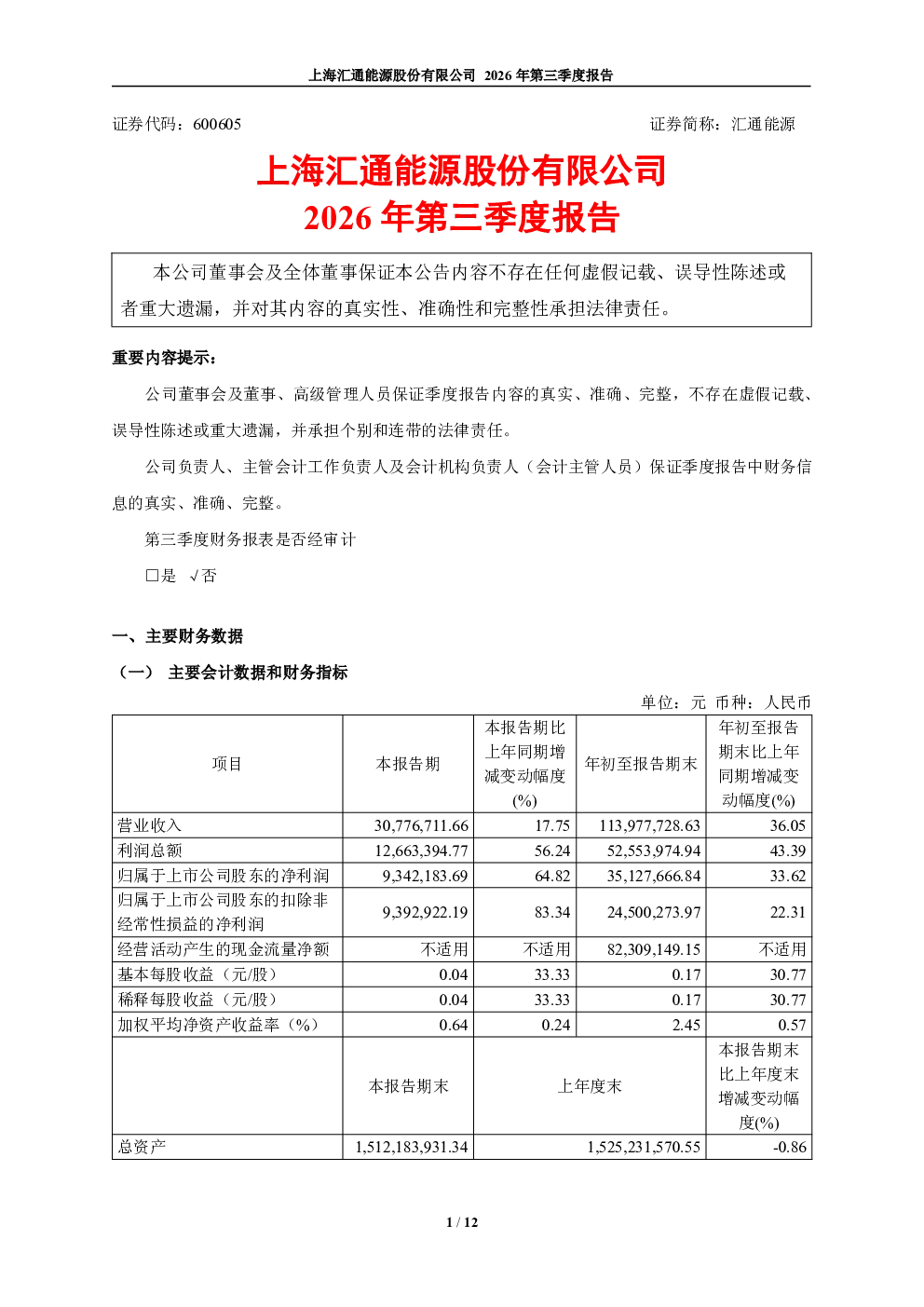 汇通能源：2026年第三季度报告