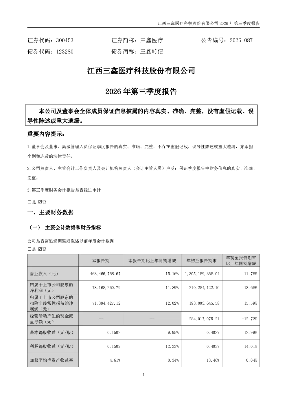 三鑫医疗：2026年第三季度报告