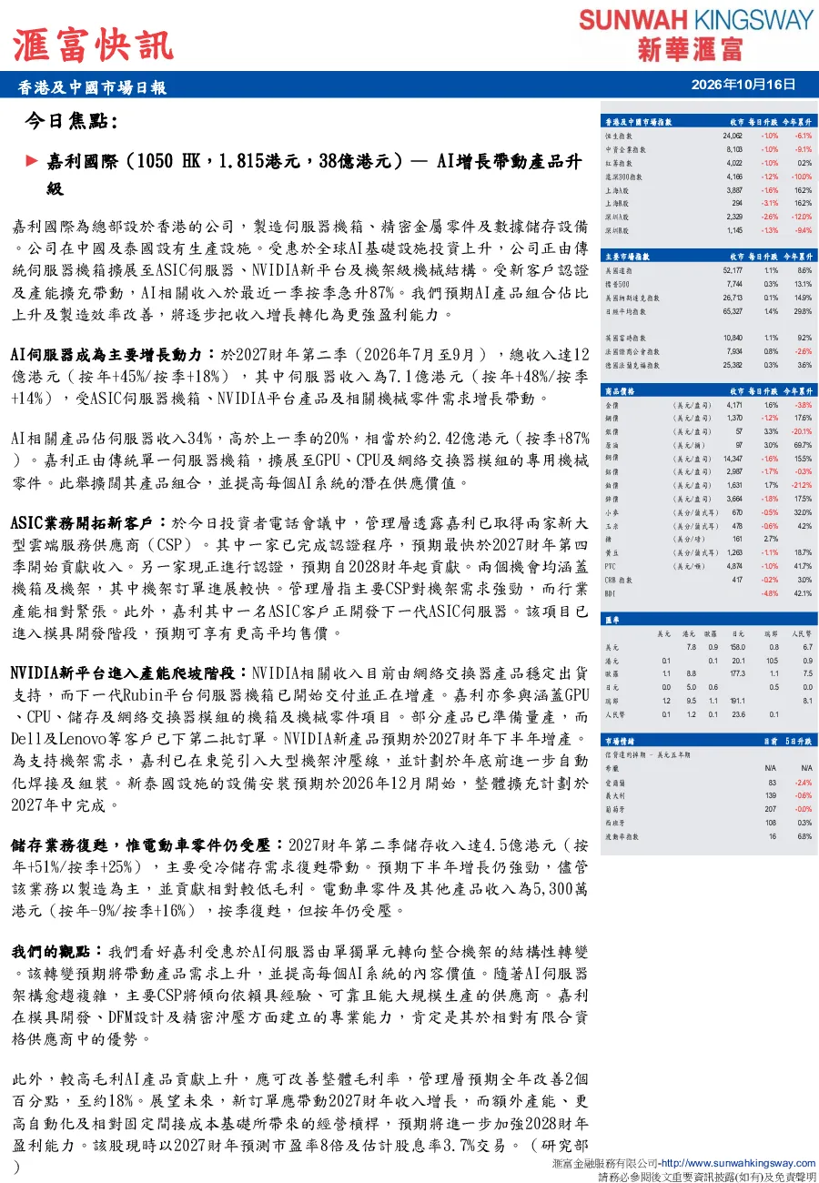 嘉利國際：AI增長帶動產品升級