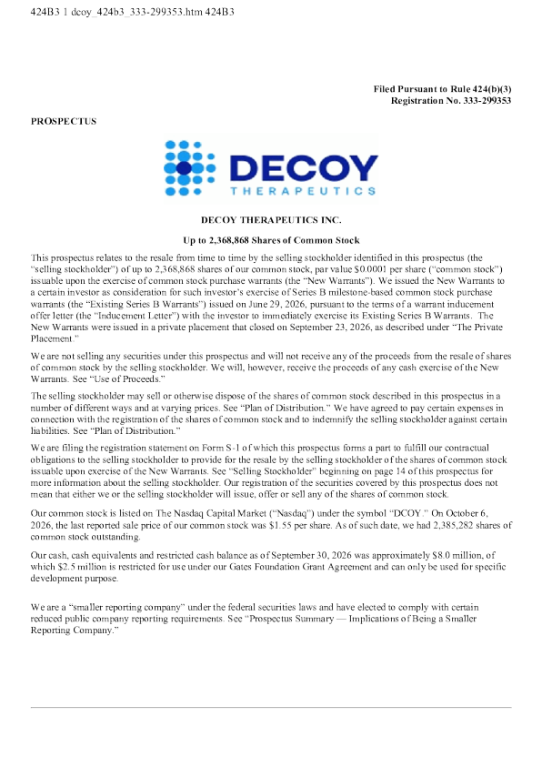 Decoy Therapeutics Inc美股招股说明书(2026-10-16版)