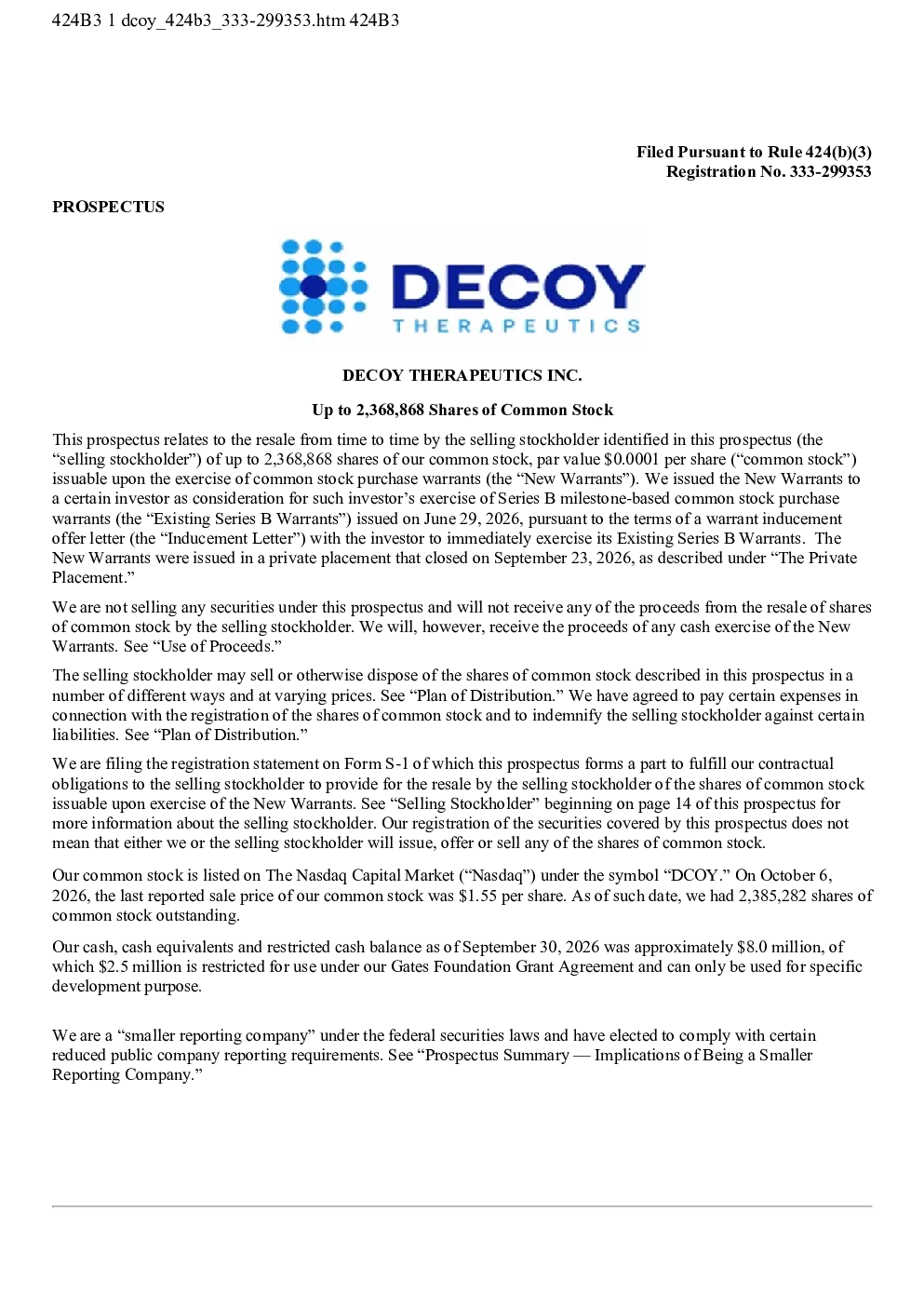 Decoy Therapeutics Inc美股招股说明书(2026-10-16版)