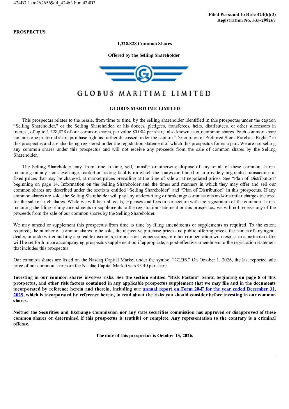 Globus Maritime Ltd美股招股说明书(2026-10-16版)