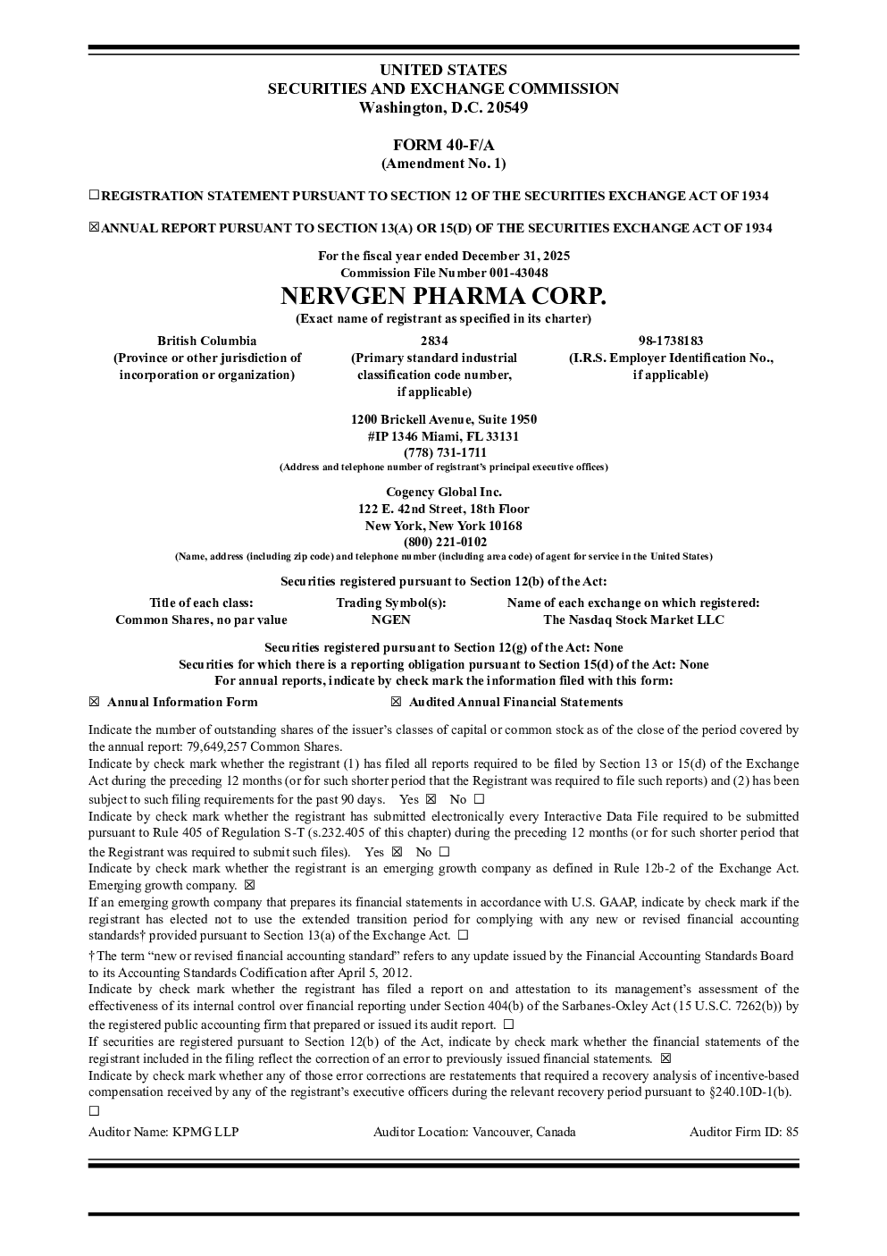 NervGen Pharma Corp 2025年度报告