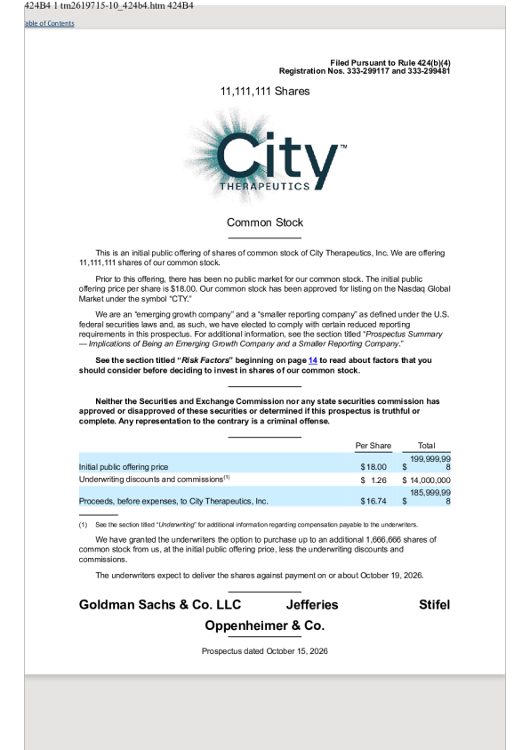 City Therapeutics Inc美股招股说明书(2026-10-16版)
