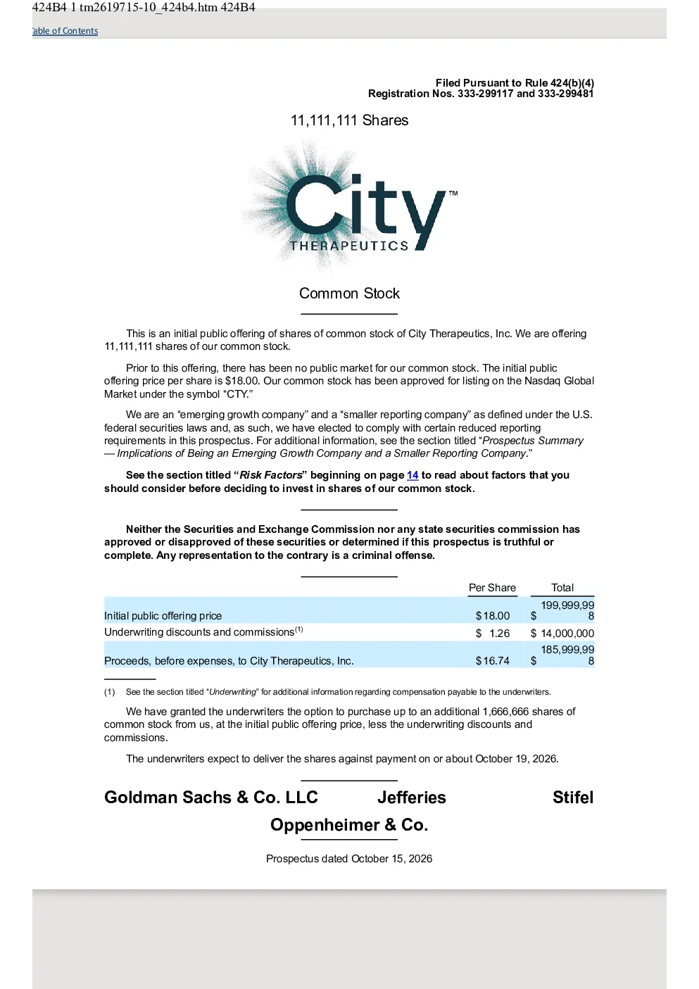 City Therapeutics Inc美股招股说明书(2026-10-16版)