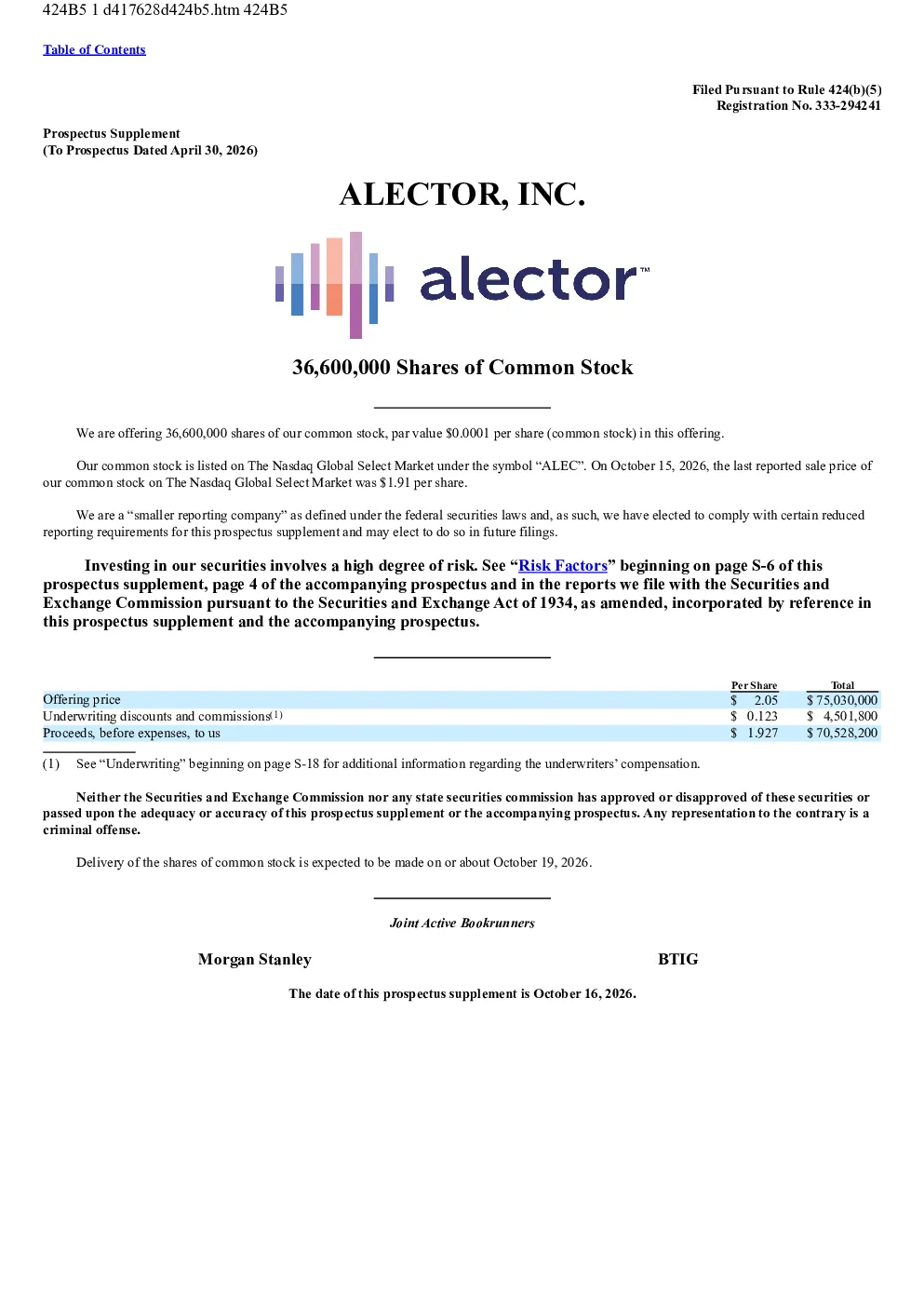 Alector Inc美股招股说明书(2026-10-16版)