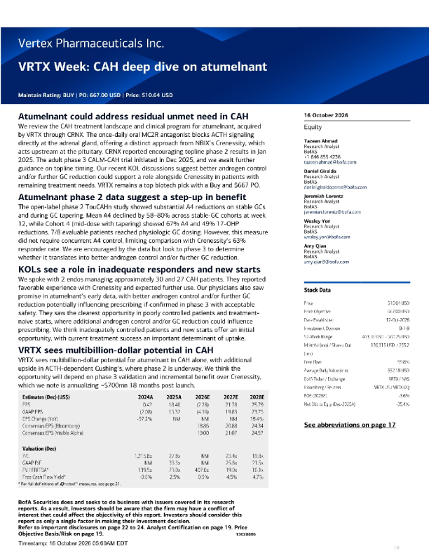 Vertex Pharmaceuticals的Atumelnant在先天性肾上腺增生症（CAH）中的深度分析，维持买入评级