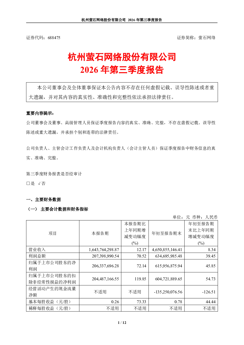 萤石网络：2026年第三季度报告