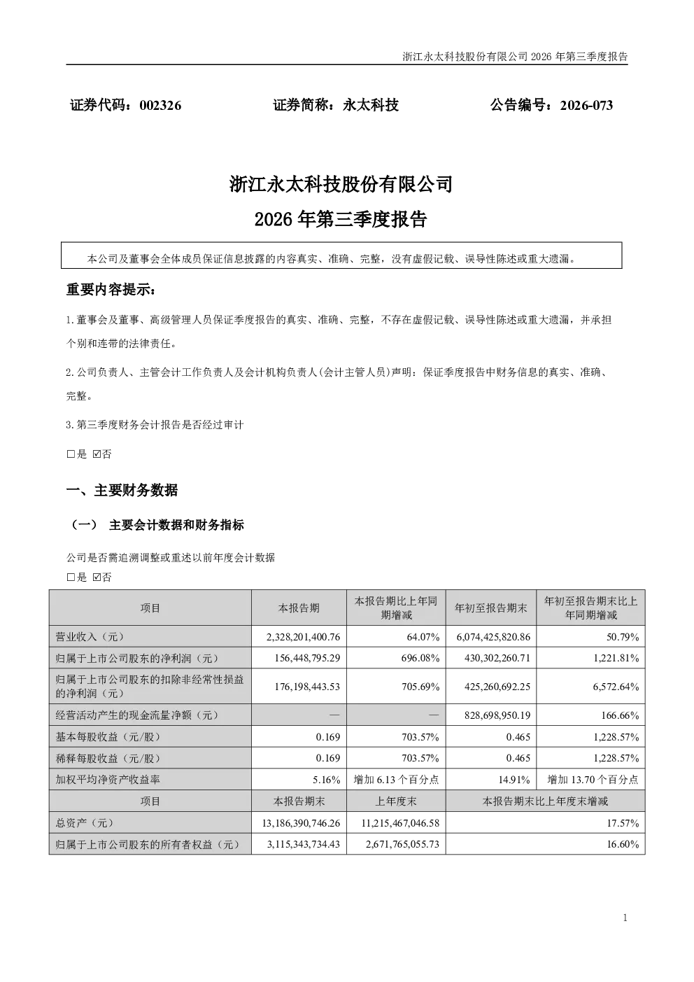 永太科技：2026年第三季度报告